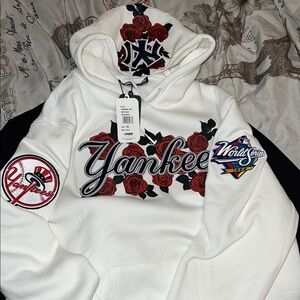 MLB Yankees White and Black Hoodie with Red Rose Design